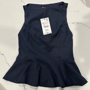 Zara Navy Pinstripe Peplum Blouse